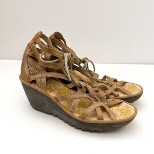 Fly London Yuke Metallic Gladiator Strappy Wedge Lace Up Sandals